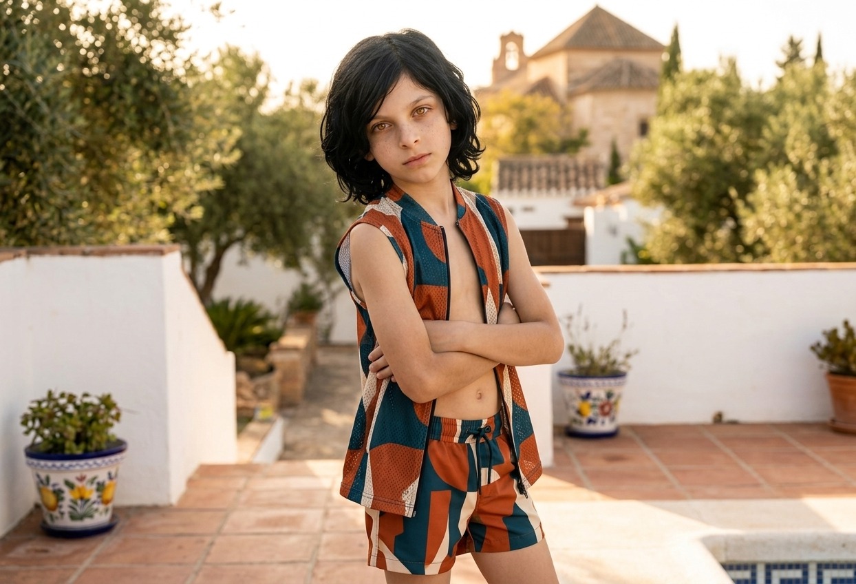 Andalusian terrace, printed swim co-ord at sunset