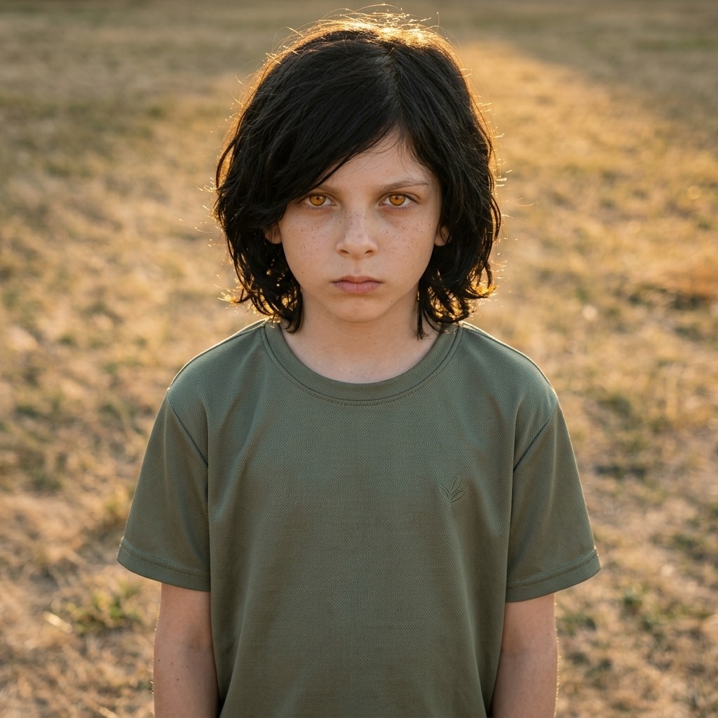 Golden-hour portrait, olive tee on dry grass