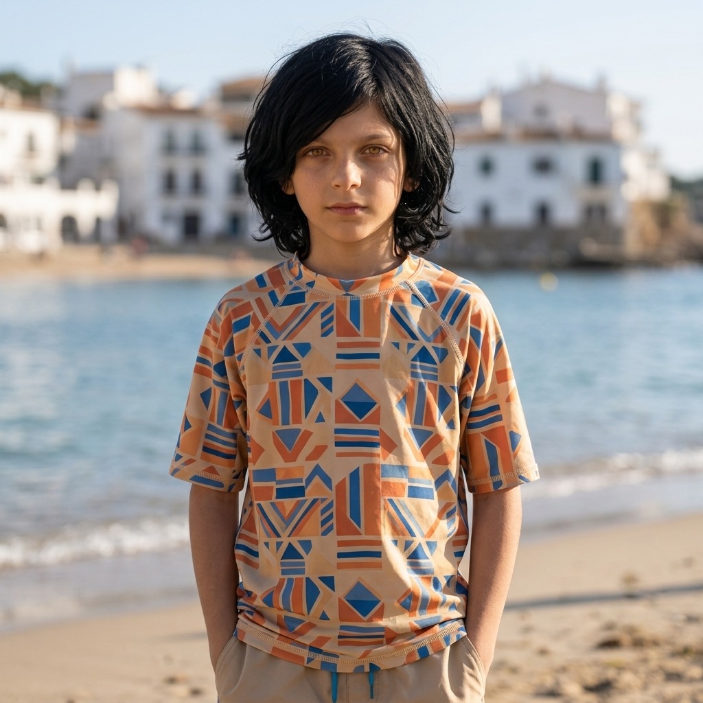 Beach editorial, geometric rashguard