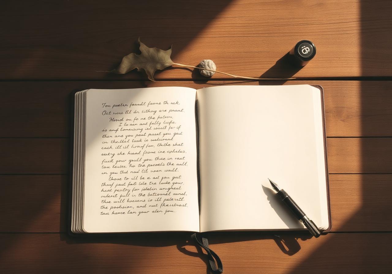 Open notebook with a draft poem on a wooden desk