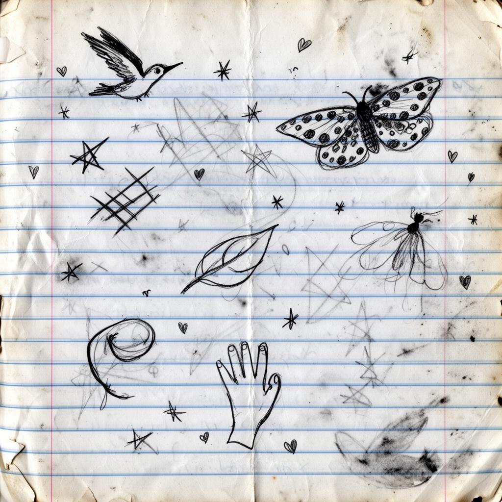 Ink doodles of birds, moths and leaves