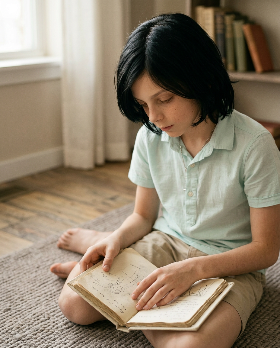 Boy reading his own old notebook on the floor