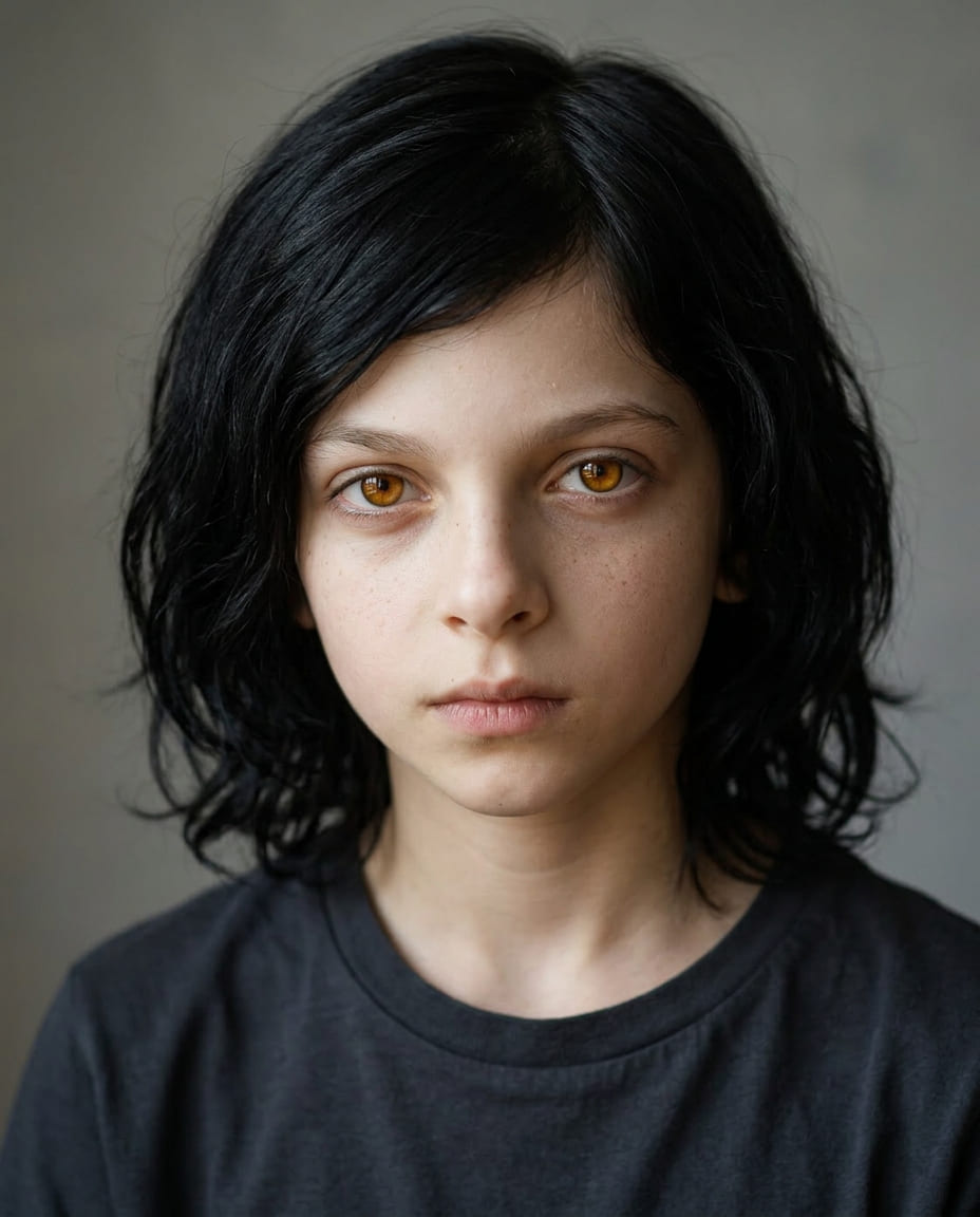 Close portrait of Staś with black hair and amber-orange eyes