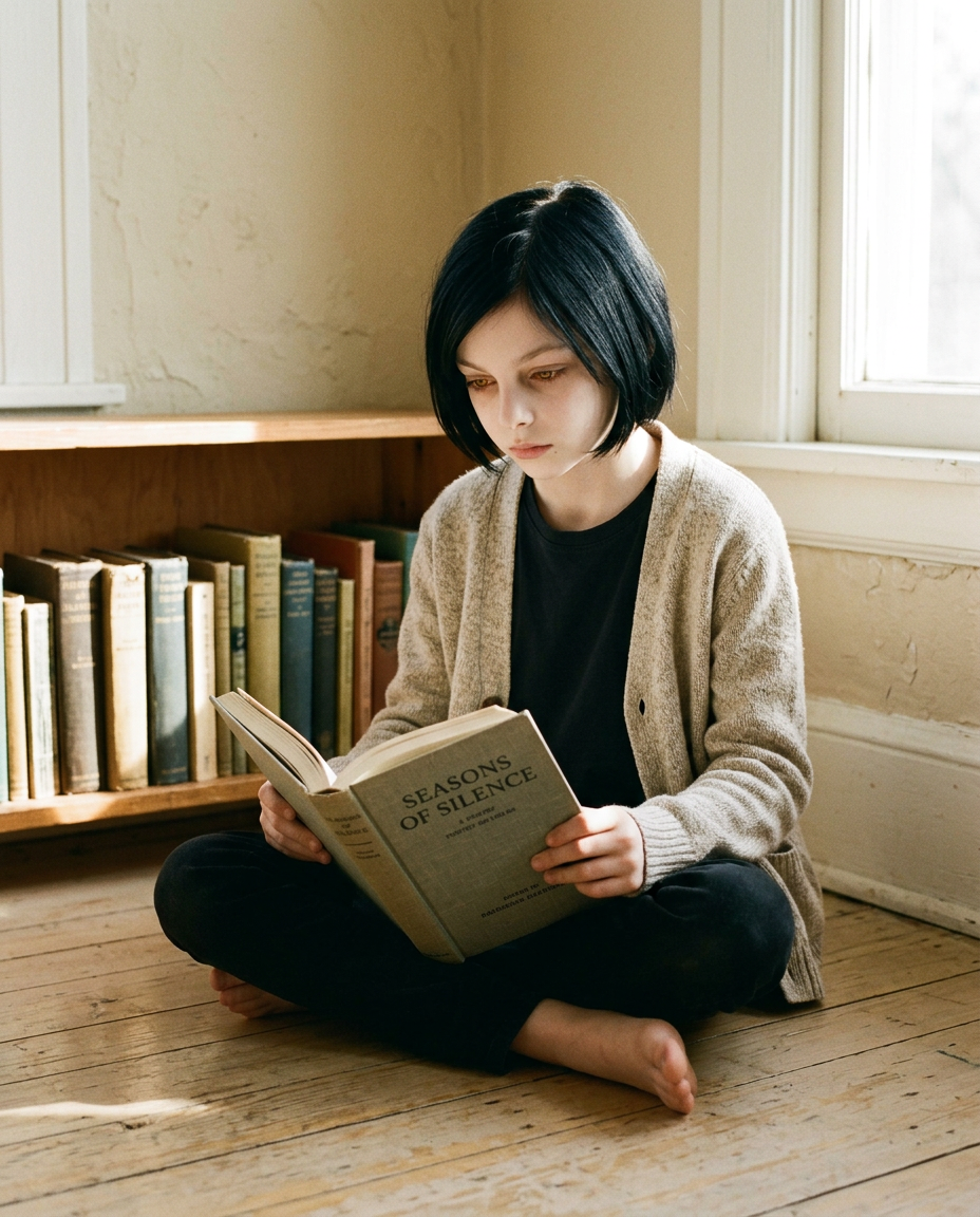 Reading on the floor by a low bookshelf