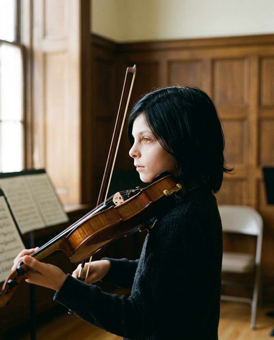 Holding a violin in profile
