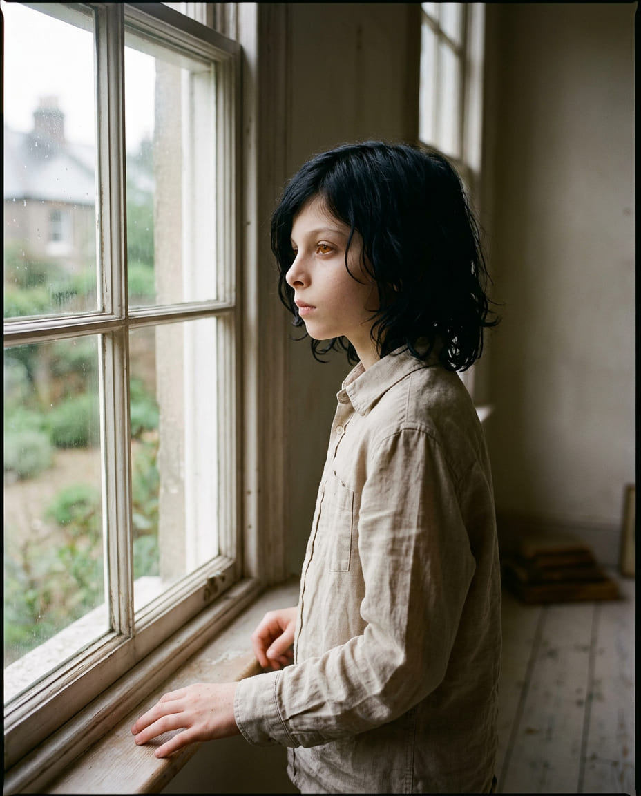 Staś standing near a tall window, age 13 with amber eyes