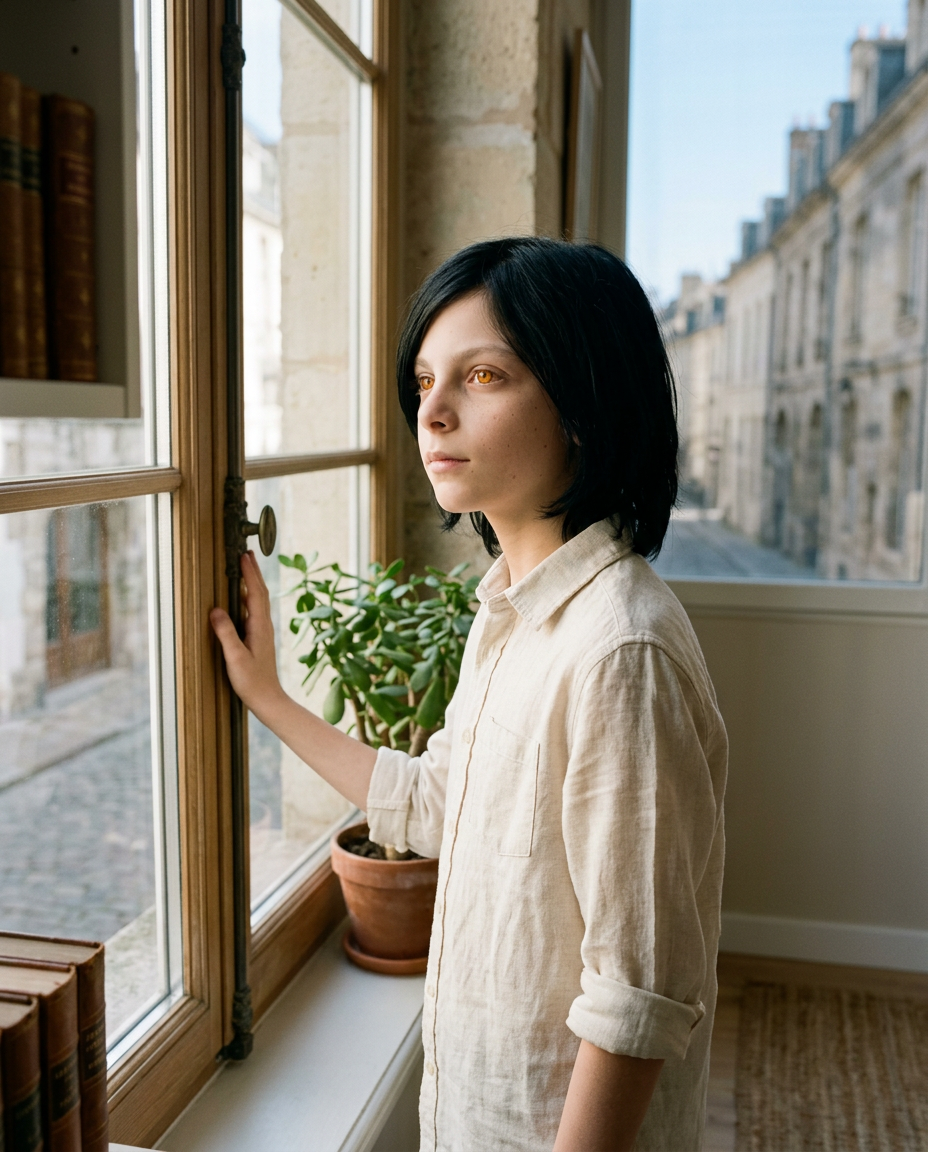 Standing at a tall window in cream linen